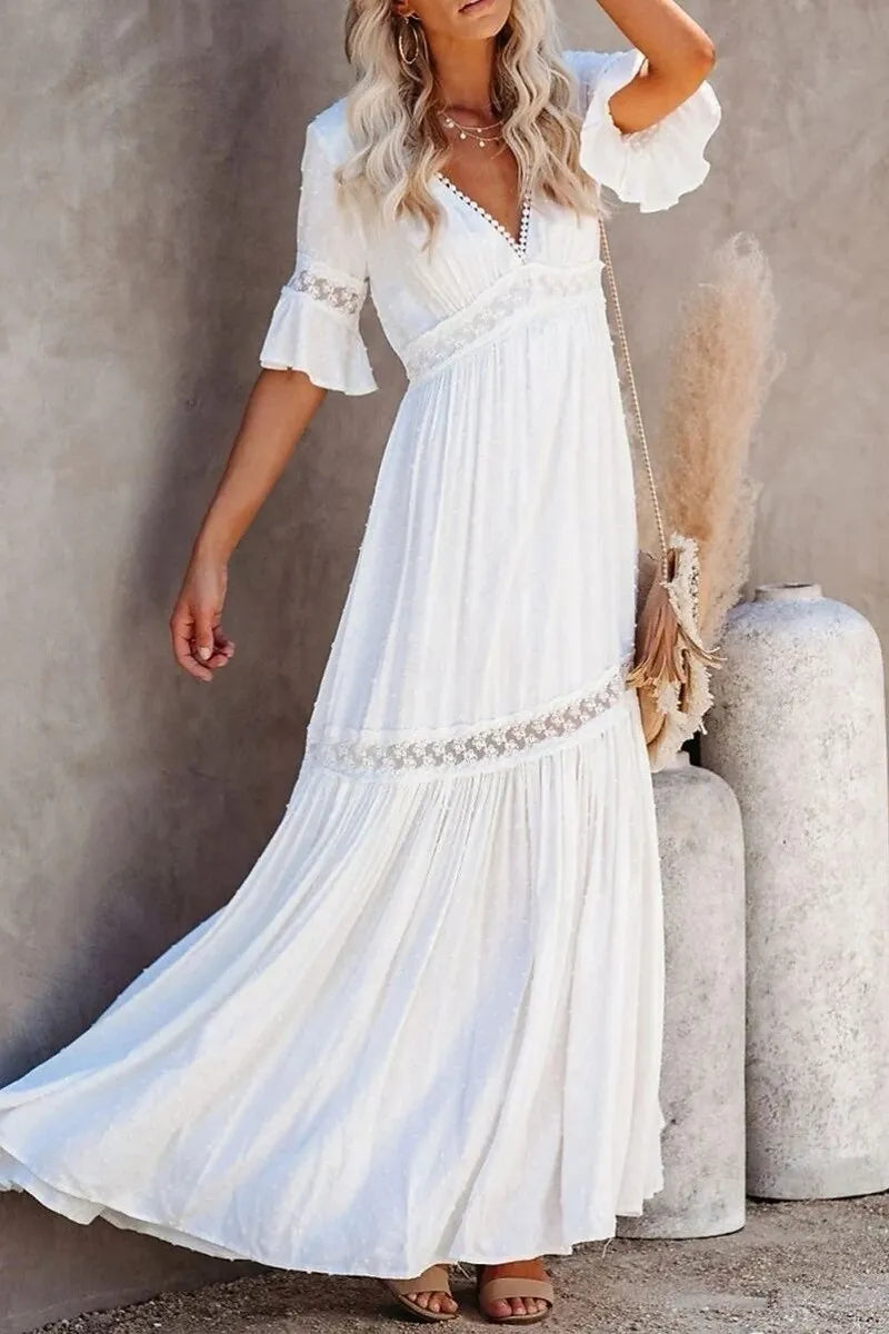 Bohemian Flowy V-Neck Half-Sleeve Wedding Dress Pearl Lace White Maxi Prom Dress for Women