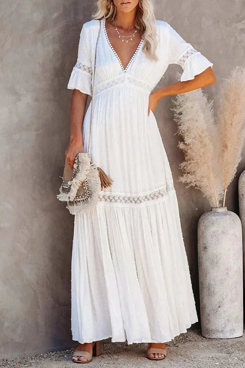Bohemian Flowy V-Neck Half-Sleeve Wedding Dress Pearl Lace White Maxi Prom Dress for Women