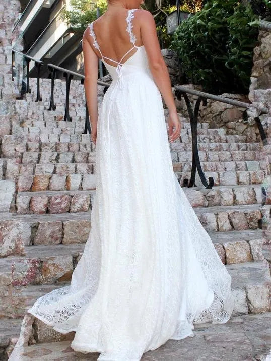 Boho A-Line V Neck Spaghetti Straps Open Back Tie Lace White Long Wedding Dress