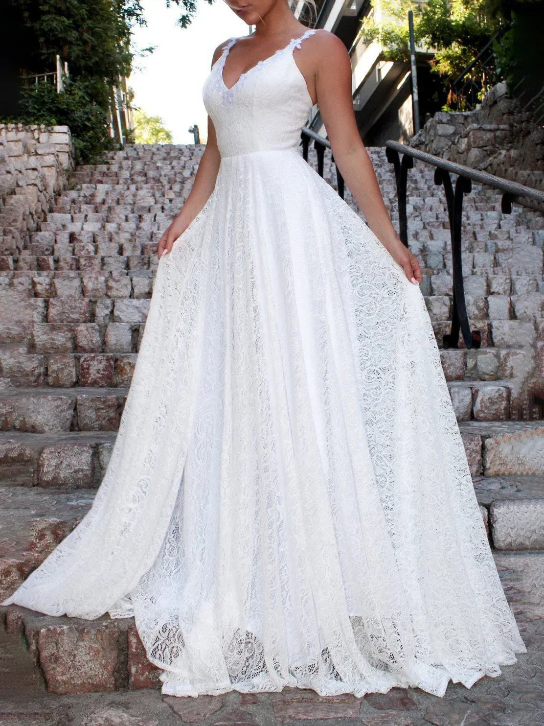 Boho A-Line V Neck Spaghetti Straps Open Back Tie Lace White Long Wedding Dress