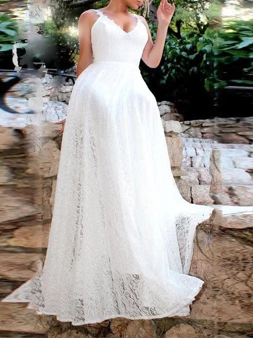Boho A-Line V Neck Spaghetti Straps Open Back Tie Lace White Long Wedding Dress