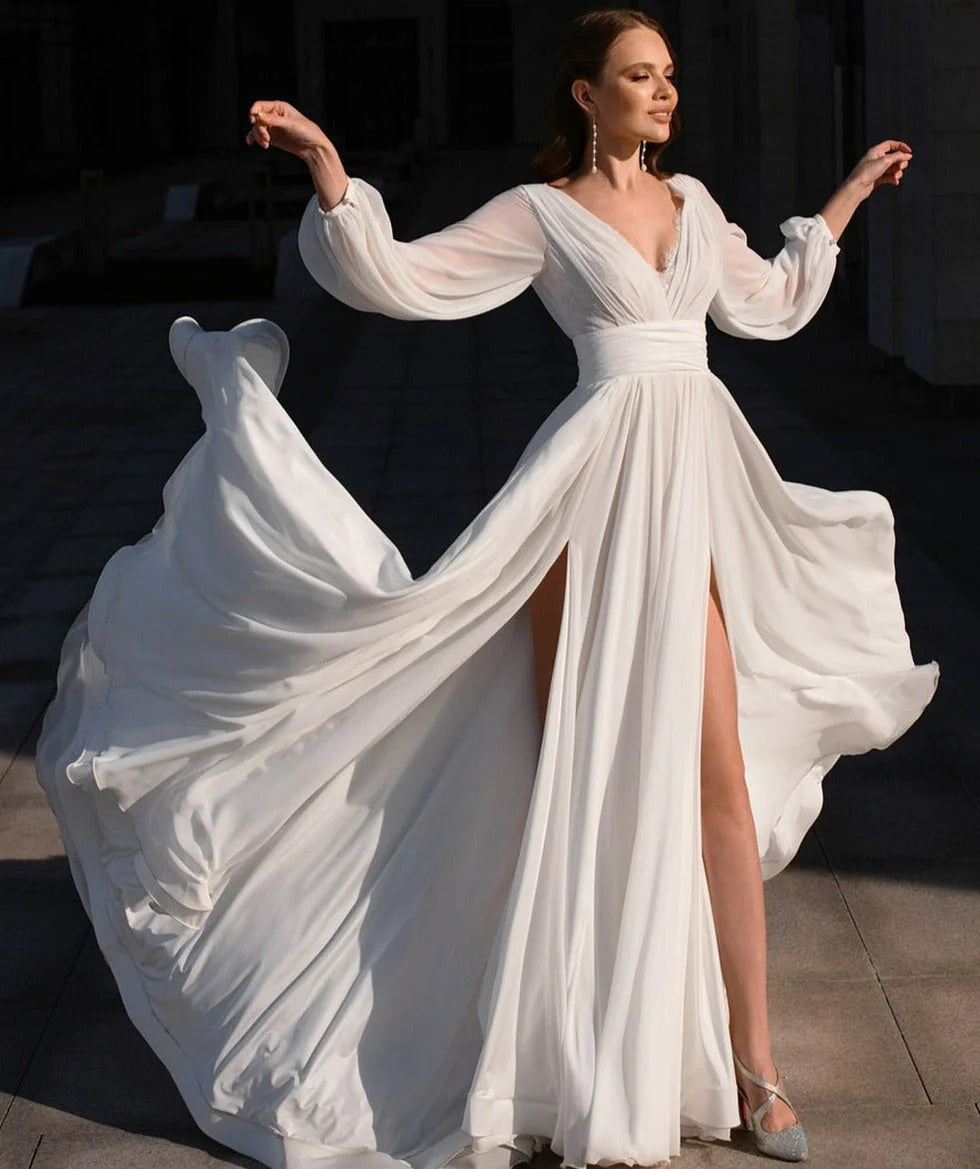 Boho A-Line White Chiffon V Neck Slit Pleated Long Sleeve Wedding Dress With Sweep Train