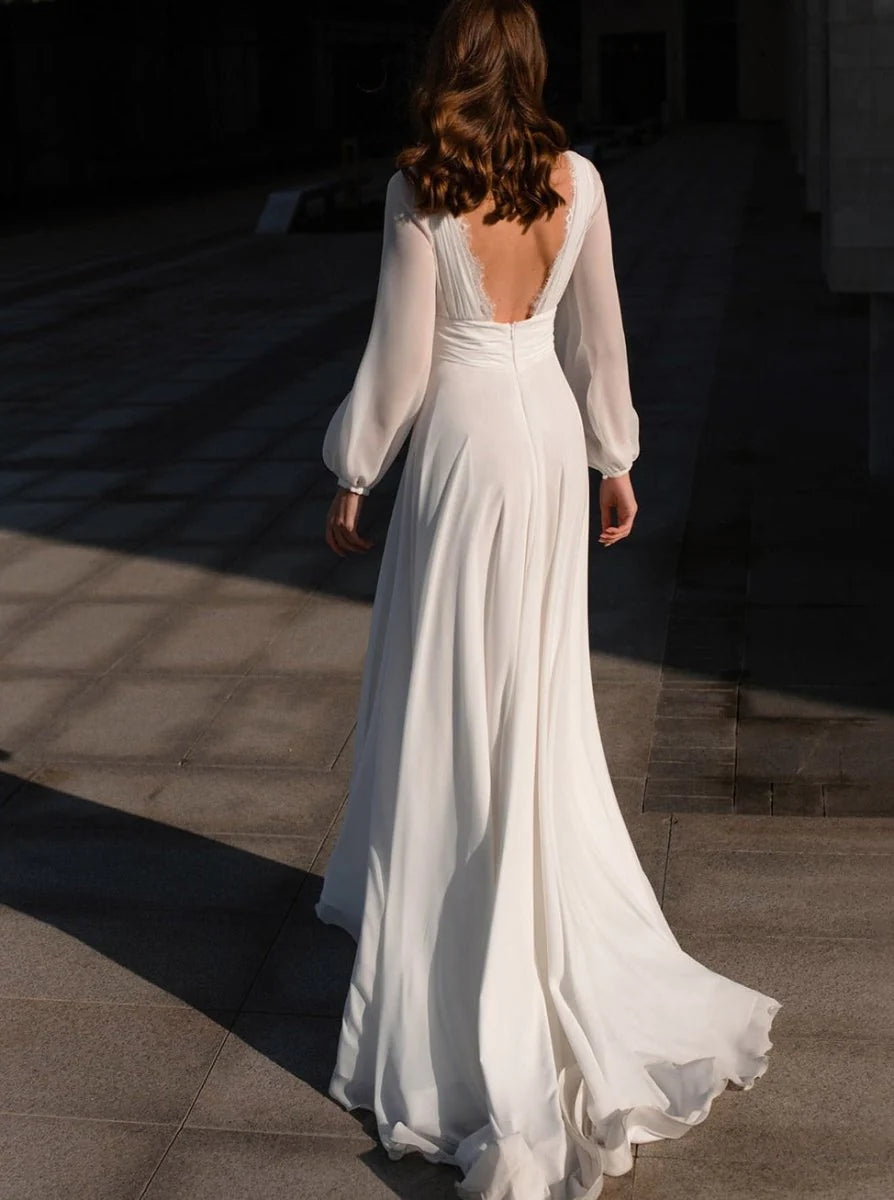 Boho A-Line White Chiffon V Neck Slit Pleated Long Sleeve Wedding Dress With Sweep Train