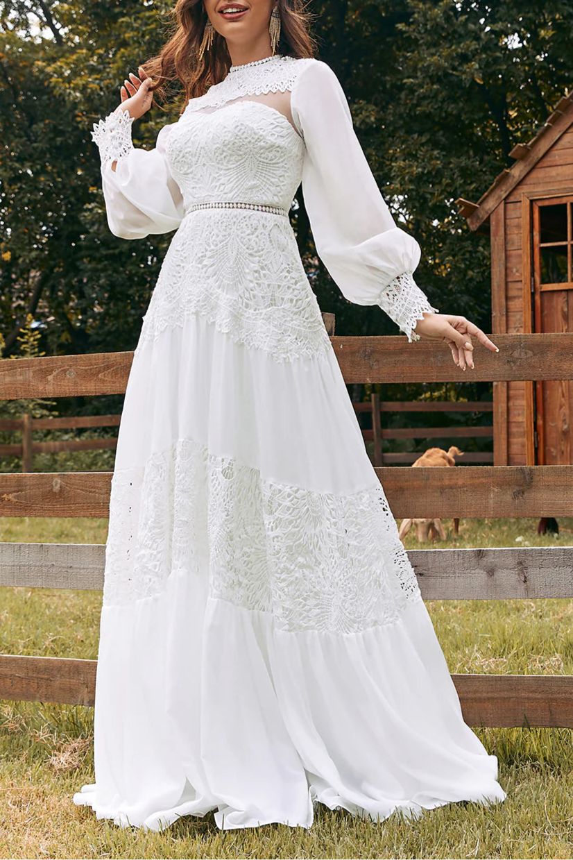 Boho Ivory Floral Lace Tulle Half High Neck Hollow Long Sleeves Floor Length Wedding Dress