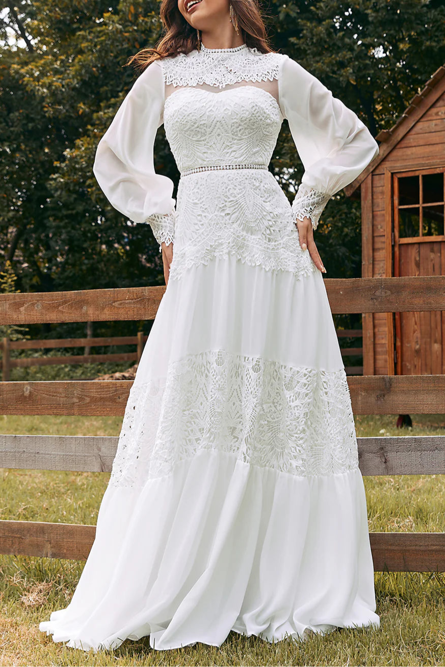 Boho Ivory Floral Lace Tulle Half High Neck Hollow Long Sleeves Floor Length Wedding Dress