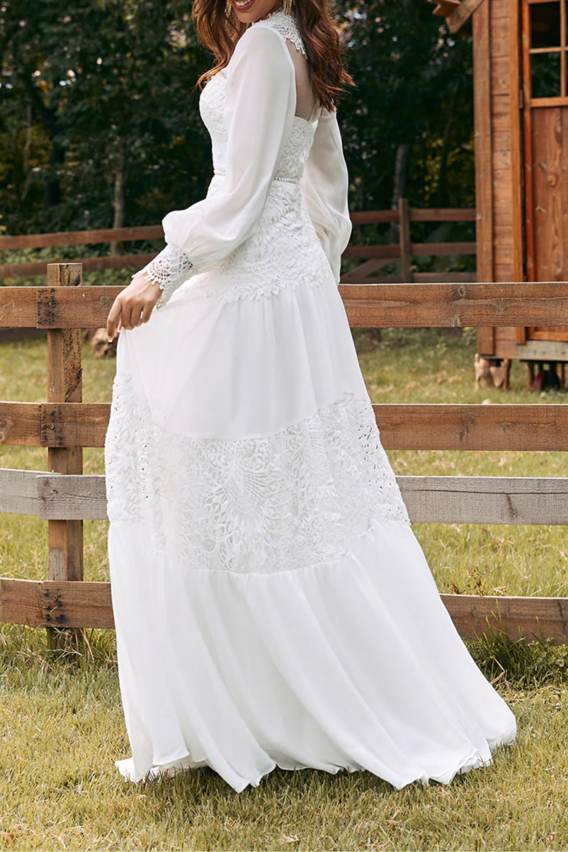 Boho Ivory Floral Lace Tulle Half High Neck Hollow Long Sleeves Floor Length Wedding Dress