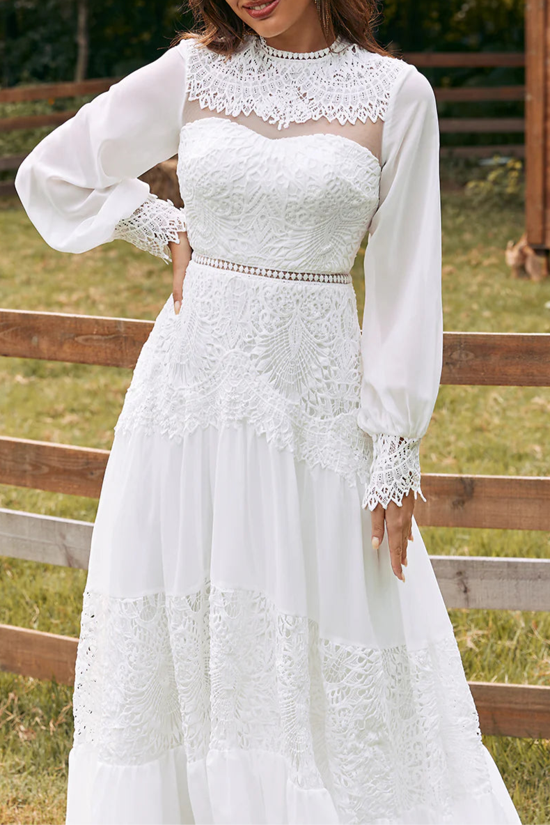 Boho Ivory Floral Lace Tulle Half High Neck Hollow Long Sleeves Floor Length Wedding Dress