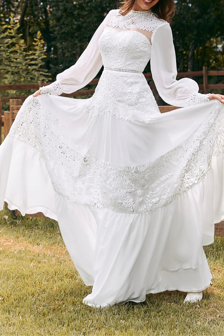 Boho Ivory Floral Lace Tulle Half High Neck Hollow Long Sleeves Floor Length Wedding Dress