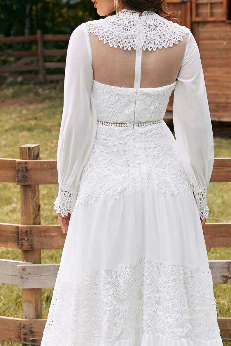 Boho Ivory Floral Lace Tulle Half High Neck Hollow Long Sleeves Floor Length Wedding Dress