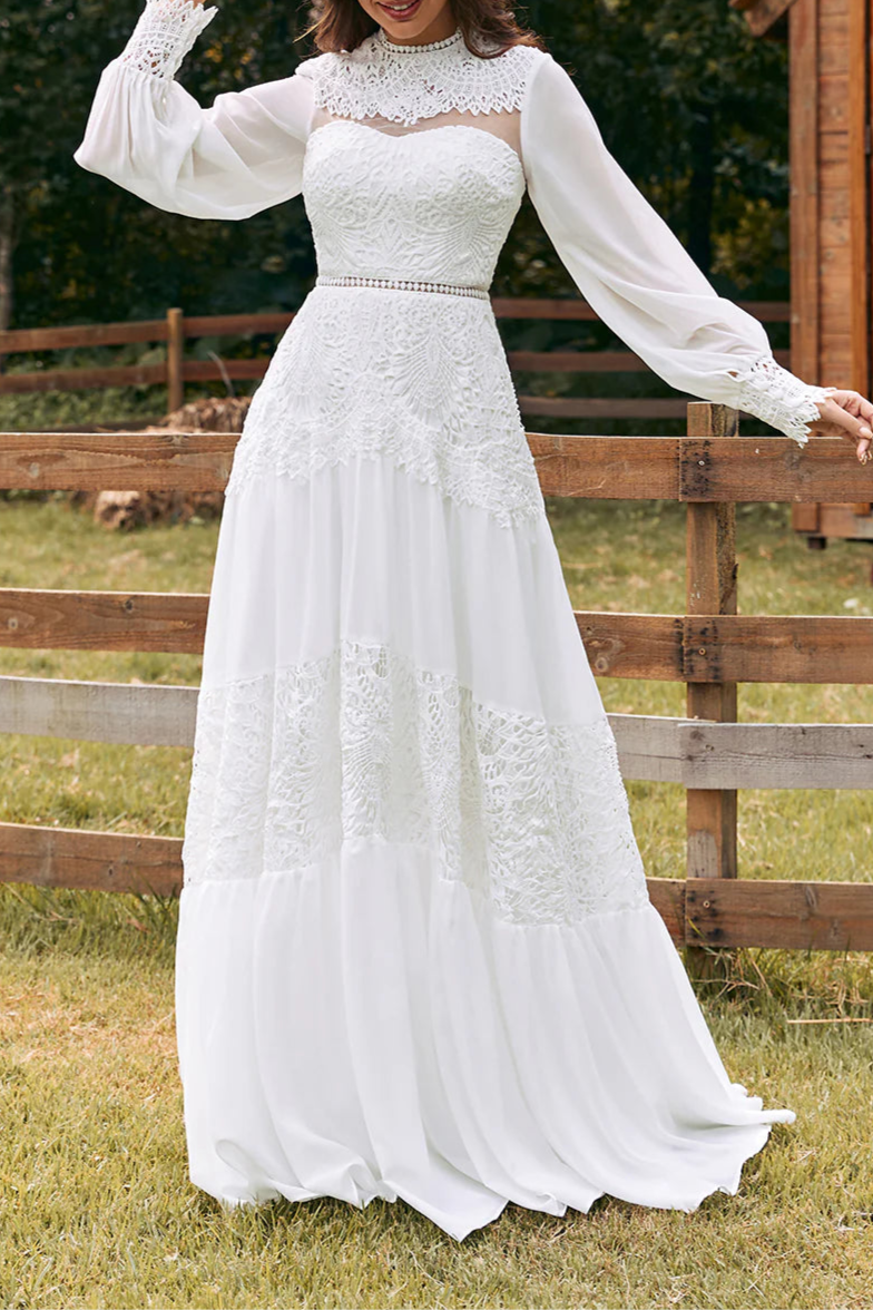 Boho Ivory Floral Lace Tulle Half High Neck Hollow Long Sleeves Floor Length Wedding Dress