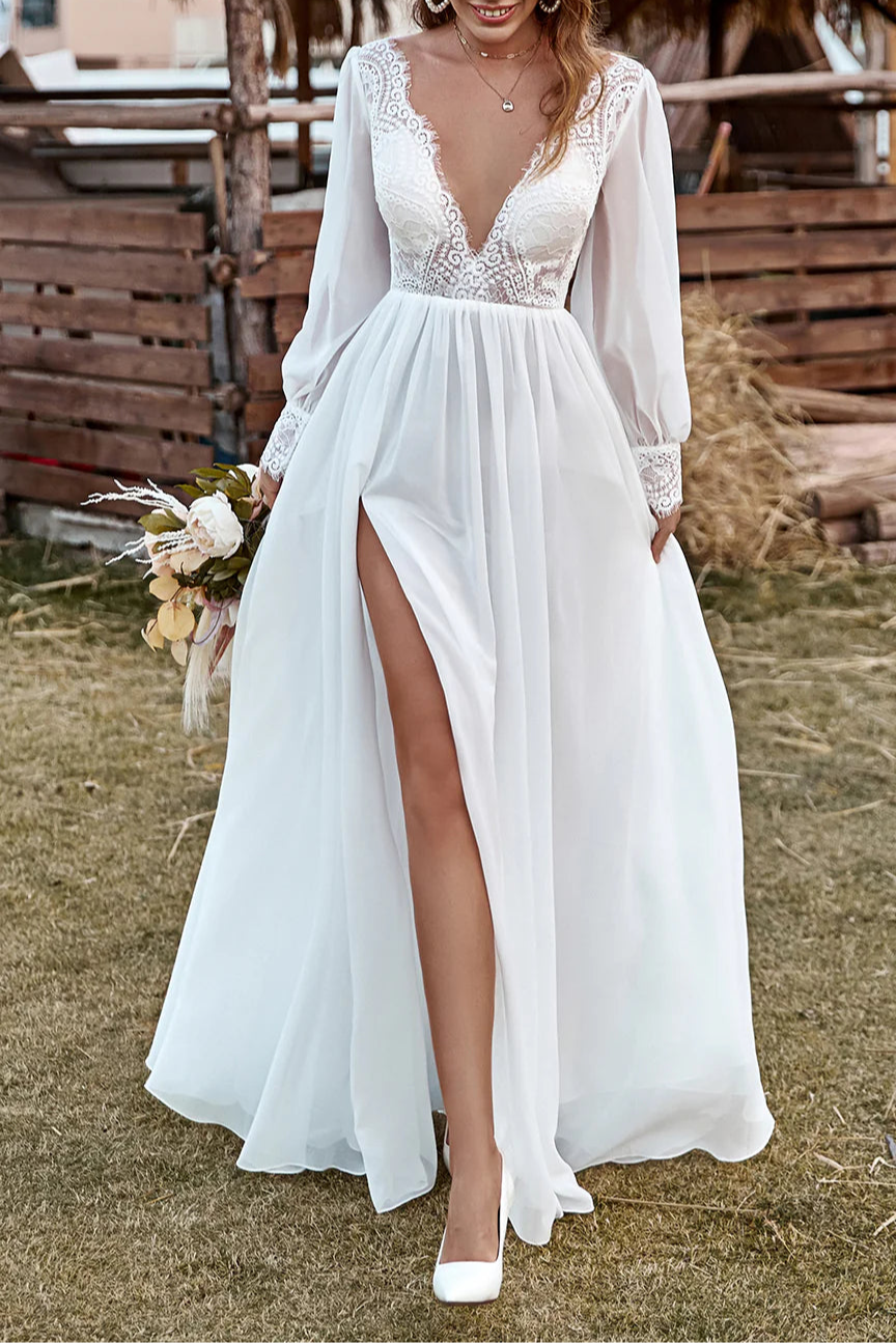 Boho Ivory Lace Chiffon V-Neck Long Sleeve Wedding Dress With Split