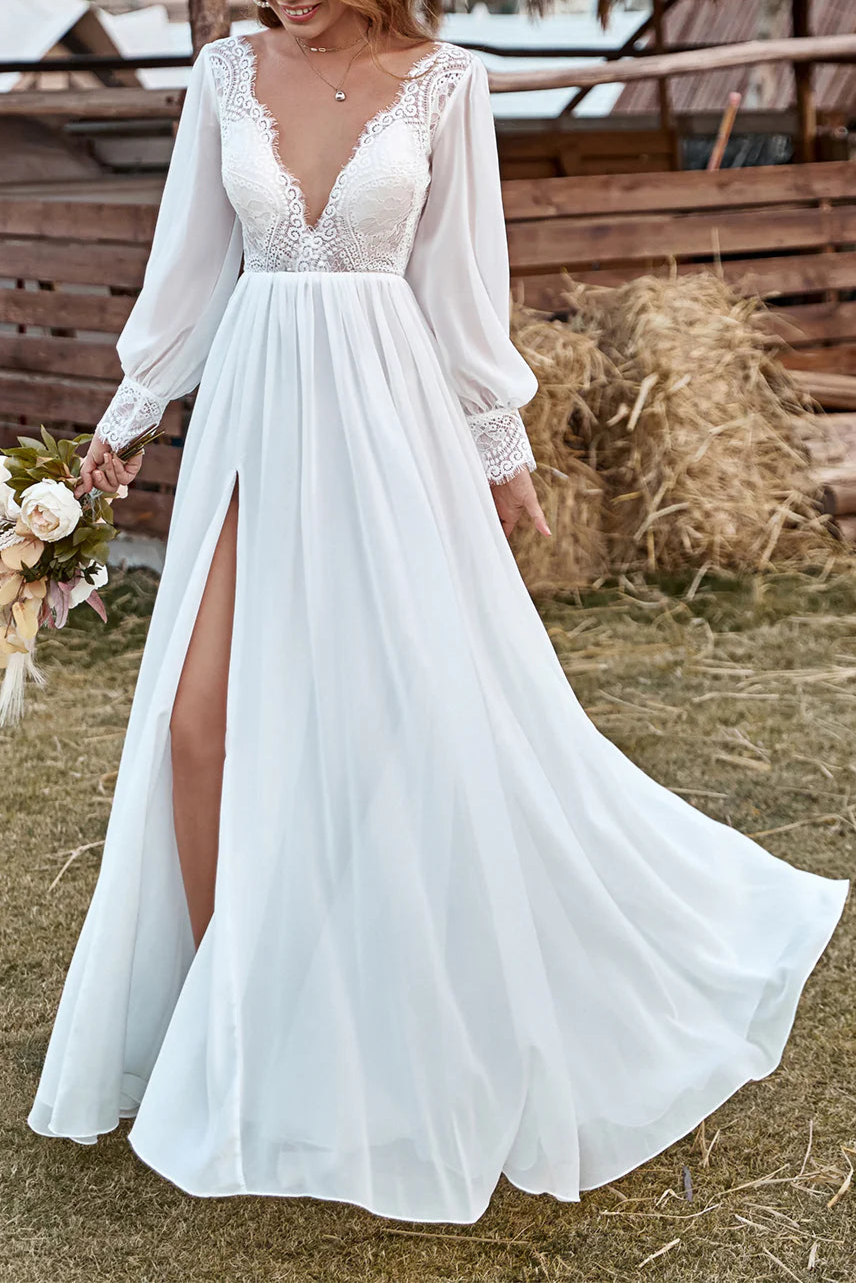 Boho Ivory Lace Chiffon V-Neck Long Sleeve Wedding Dress With Split