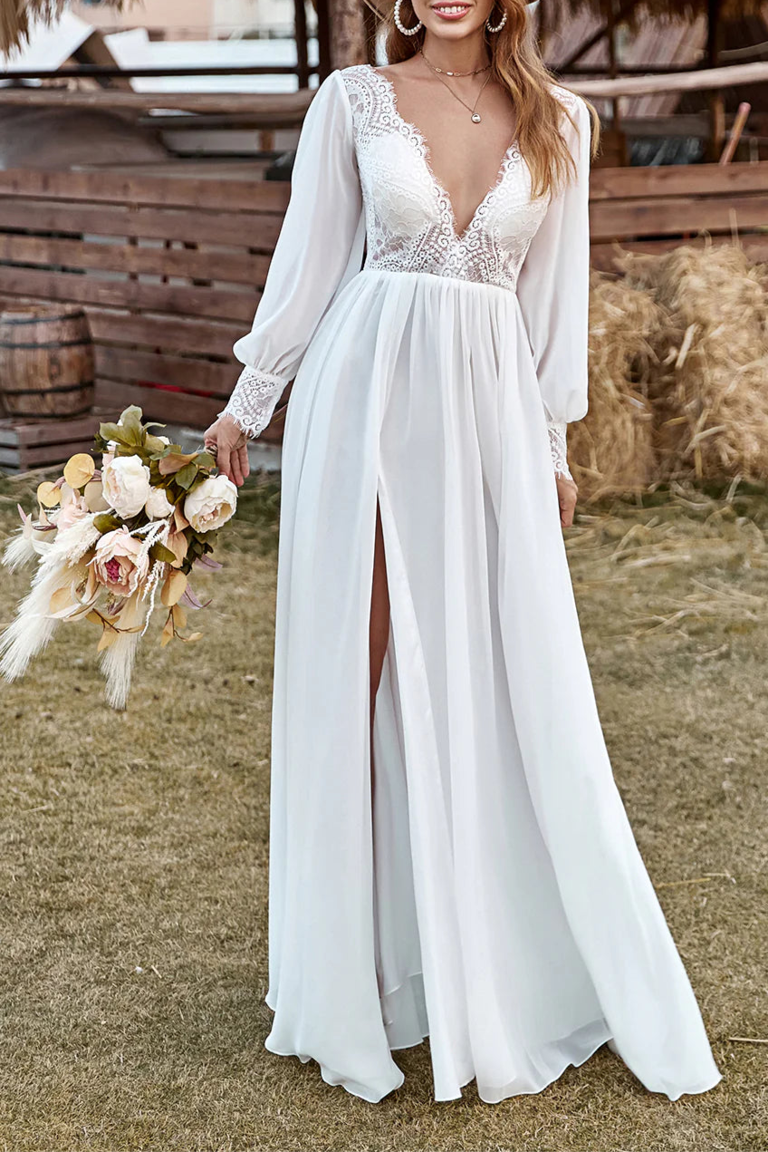 Boho Ivory Lace Chiffon V-Neck Long Sleeve Wedding Dress With Split
