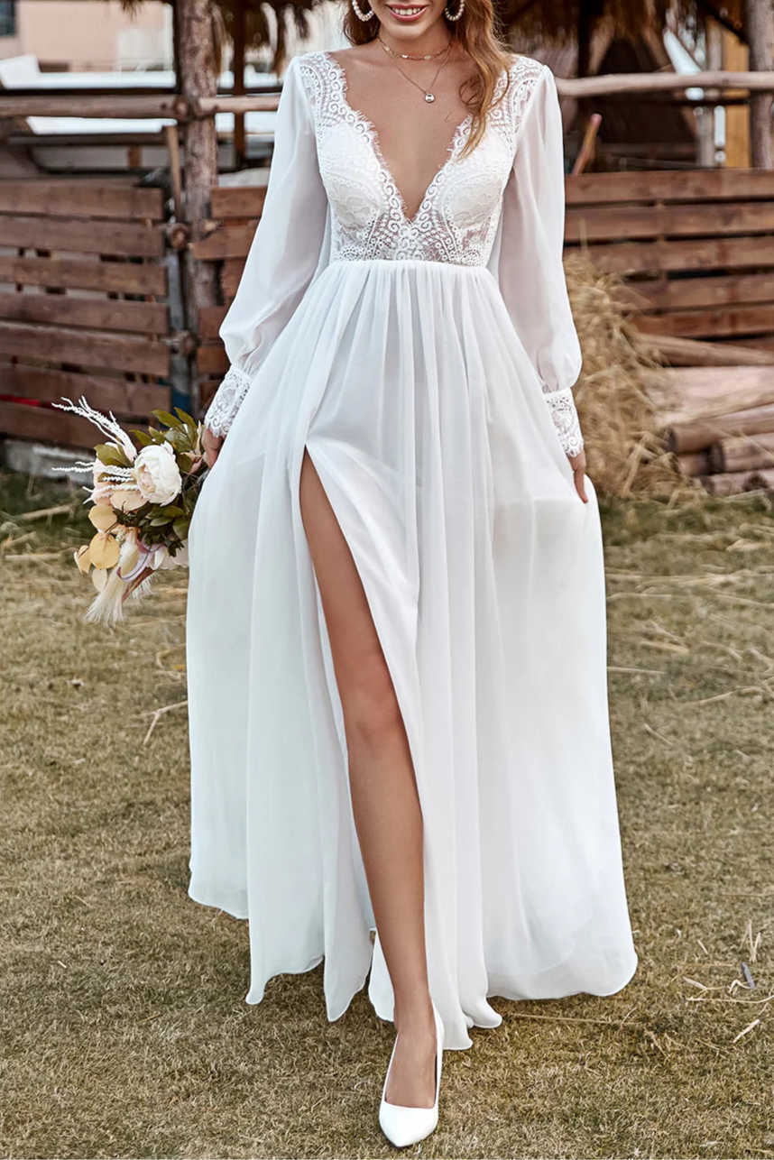 Boho Ivory Lace Chiffon V-Neck Long Sleeve Wedding Dress With Split