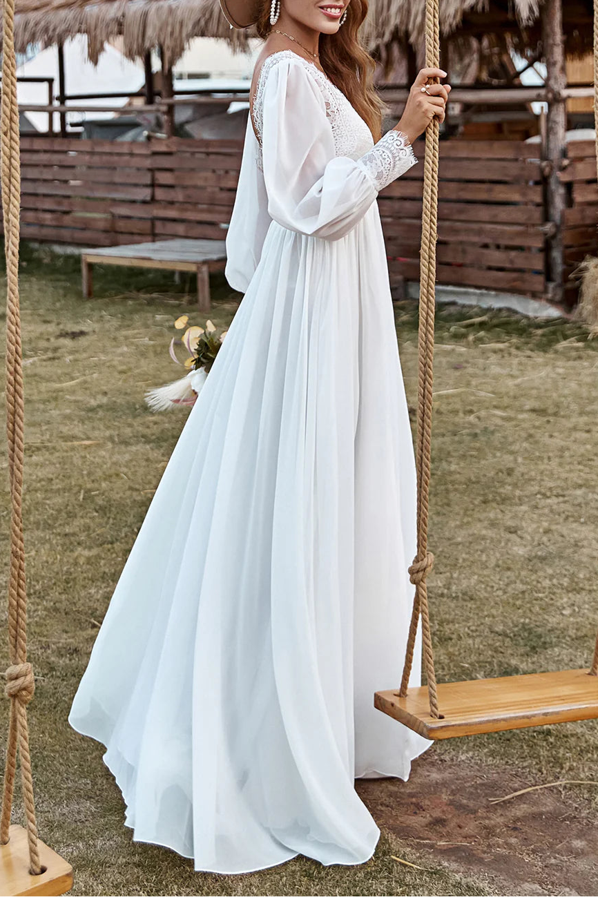 Boho Ivory Lace Chiffon V-Neck Long Sleeve Wedding Dress With Split