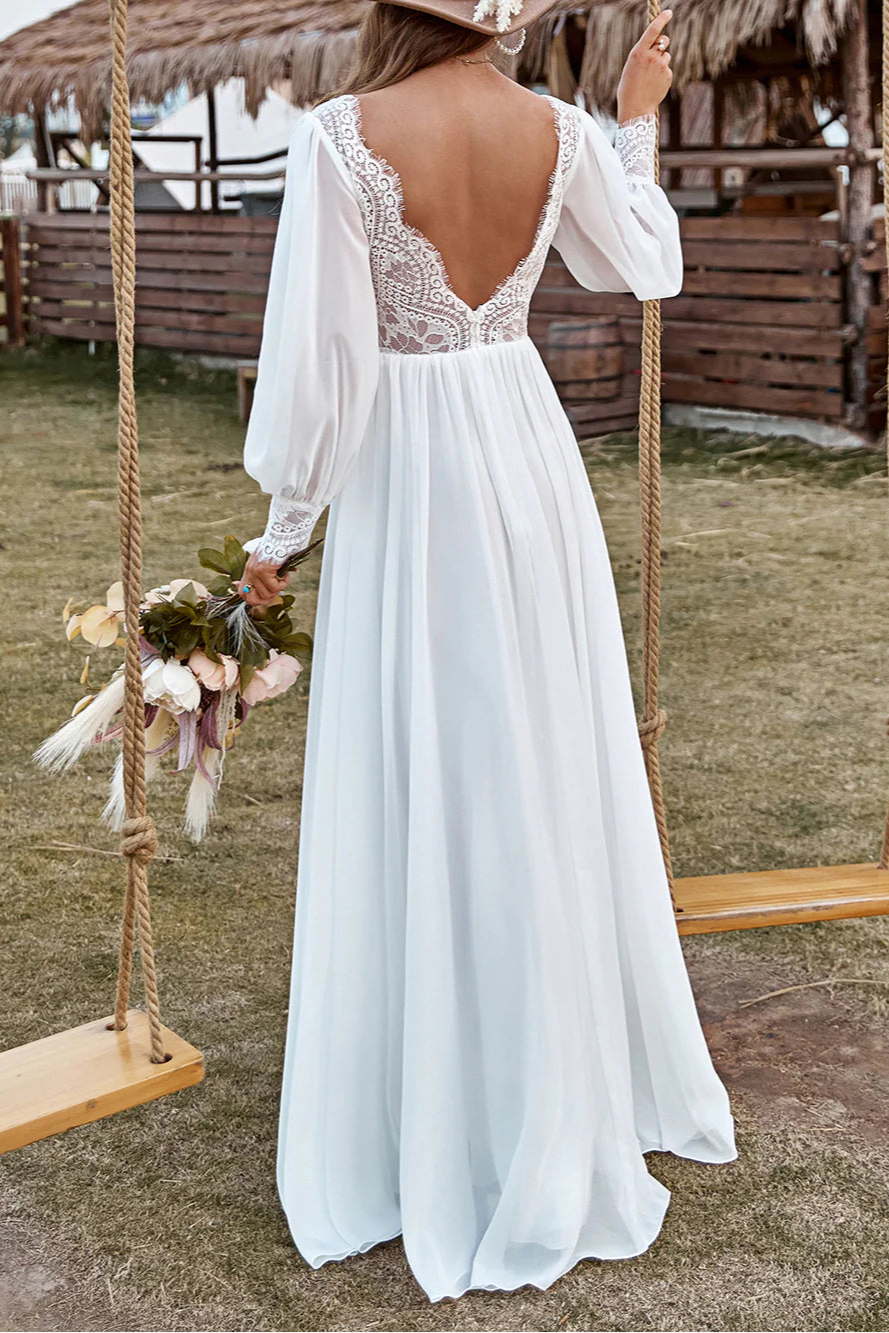 Boho Ivory Lace Chiffon V-Neck Long Sleeve Wedding Dress With Split