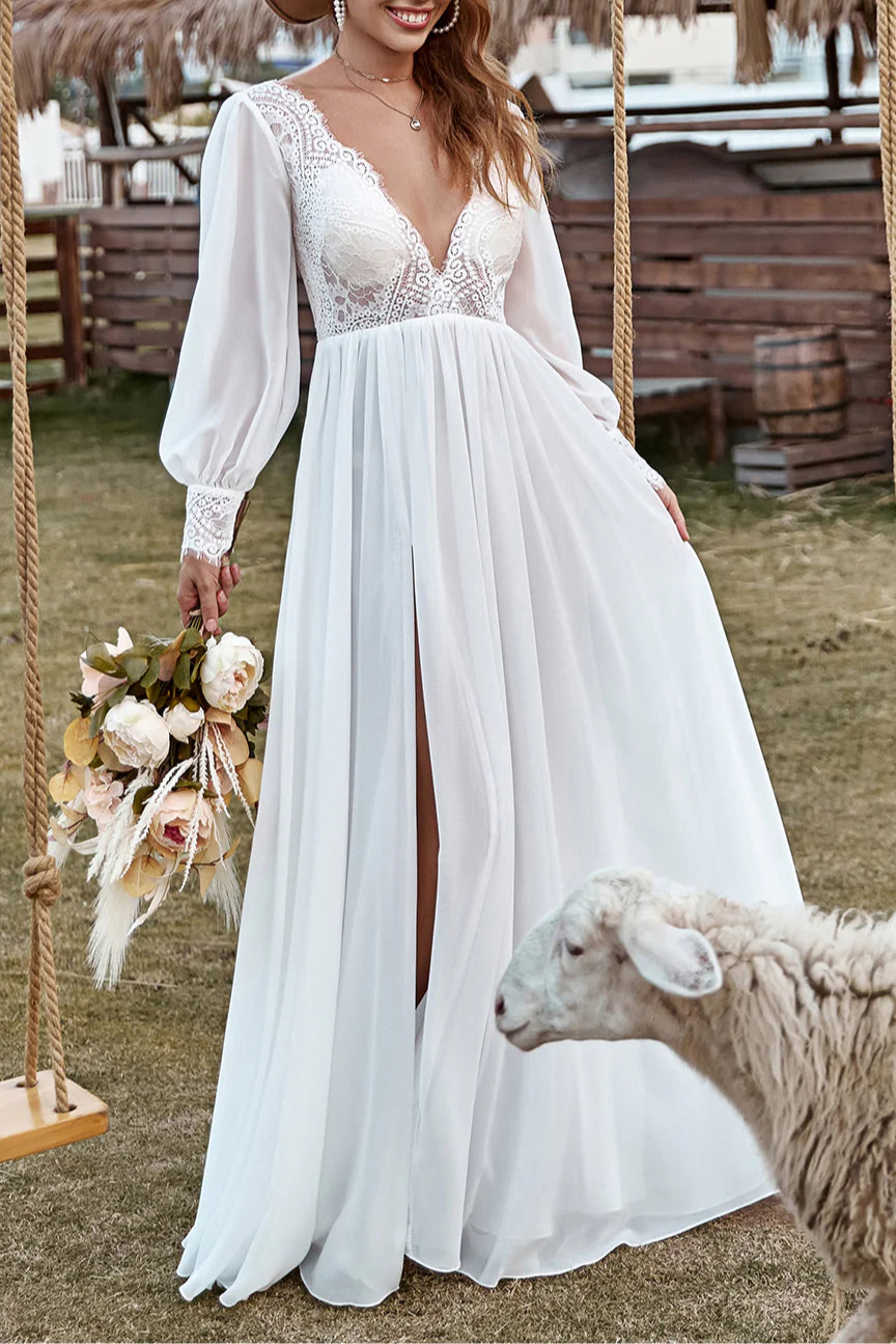 Boho Ivory Lace Chiffon V-Neck Long Sleeve Wedding Dress With Split