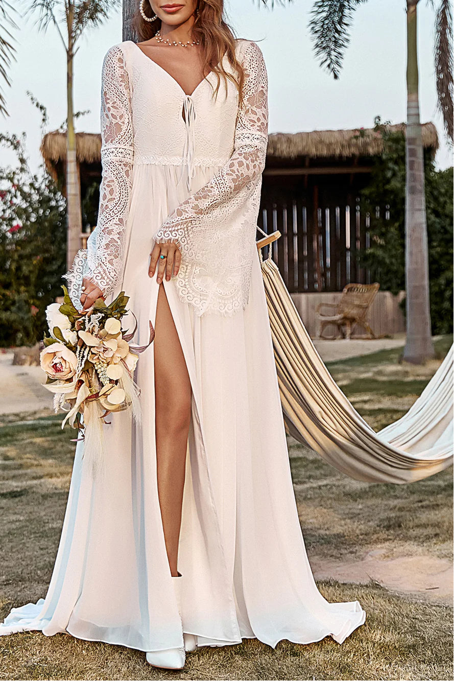 Boho Ivory Lace Chiffon V Neck Trumpet Sleeve Wedding Dress With High Slit