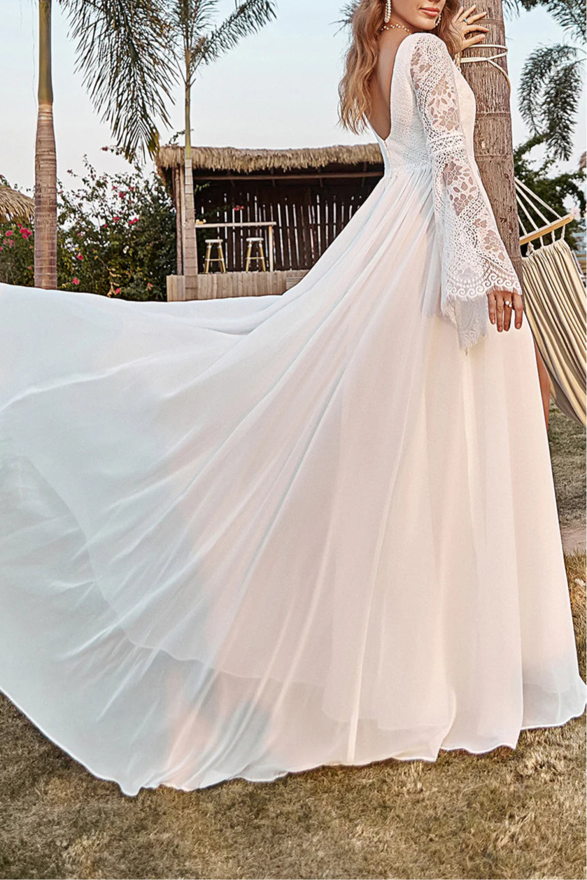 Boho Ivory Lace Chiffon V Neck Trumpet Sleeve Wedding Dress With High Slit