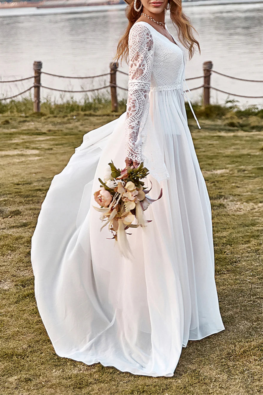 Boho Ivory Lace Chiffon V Neck Trumpet Sleeve Wedding Dress With High Slit