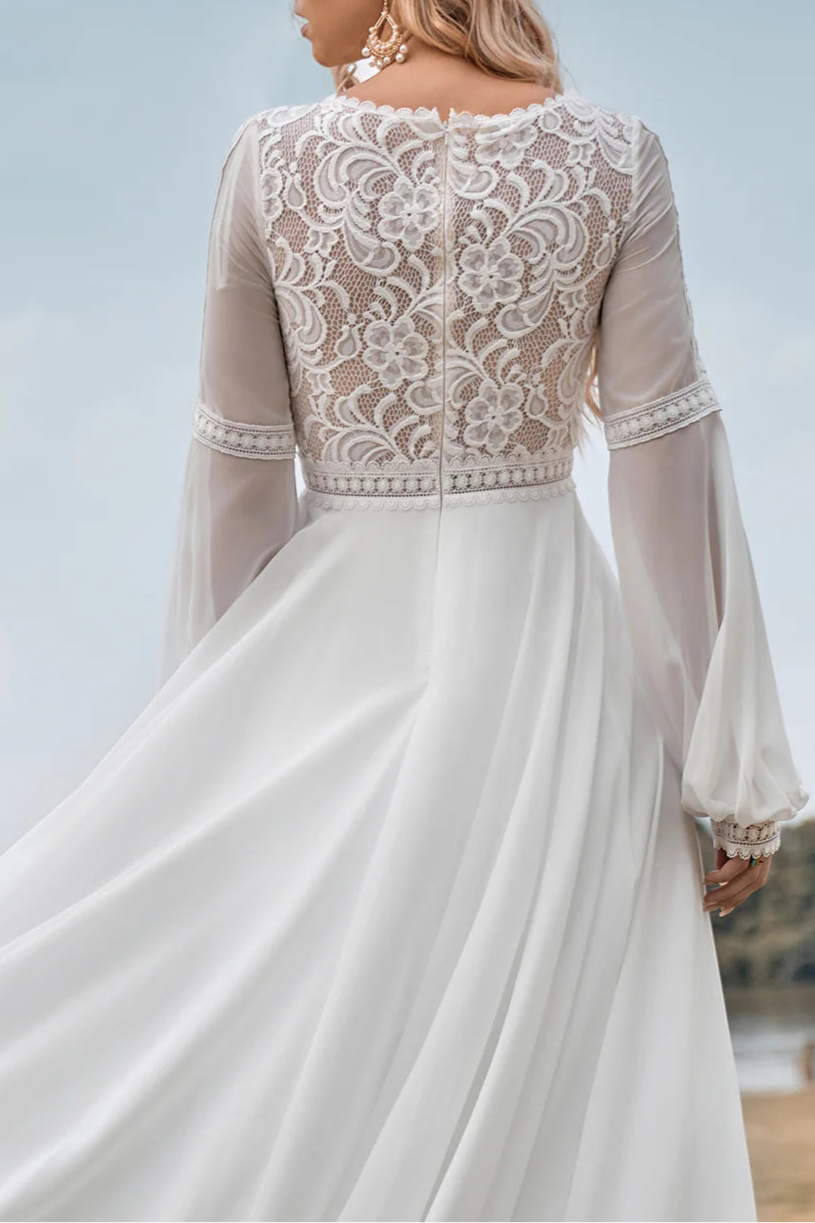 Boho Ivory Lace Tulle Deep V Neck A Line Floor Length Sleeves Wedding Dress