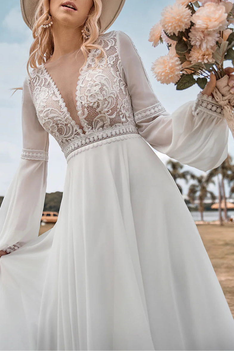 Boho Ivory Lace Tulle Deep V Neck A Line Floor Length Sleeves Wedding Dress
