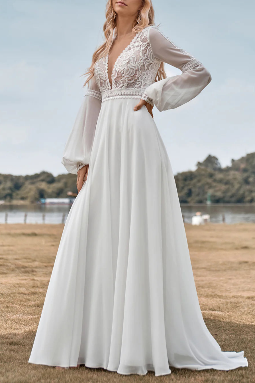 Boho Ivory Lace Tulle Deep V Neck A Line Floor Length Sleeves Wedding Dress