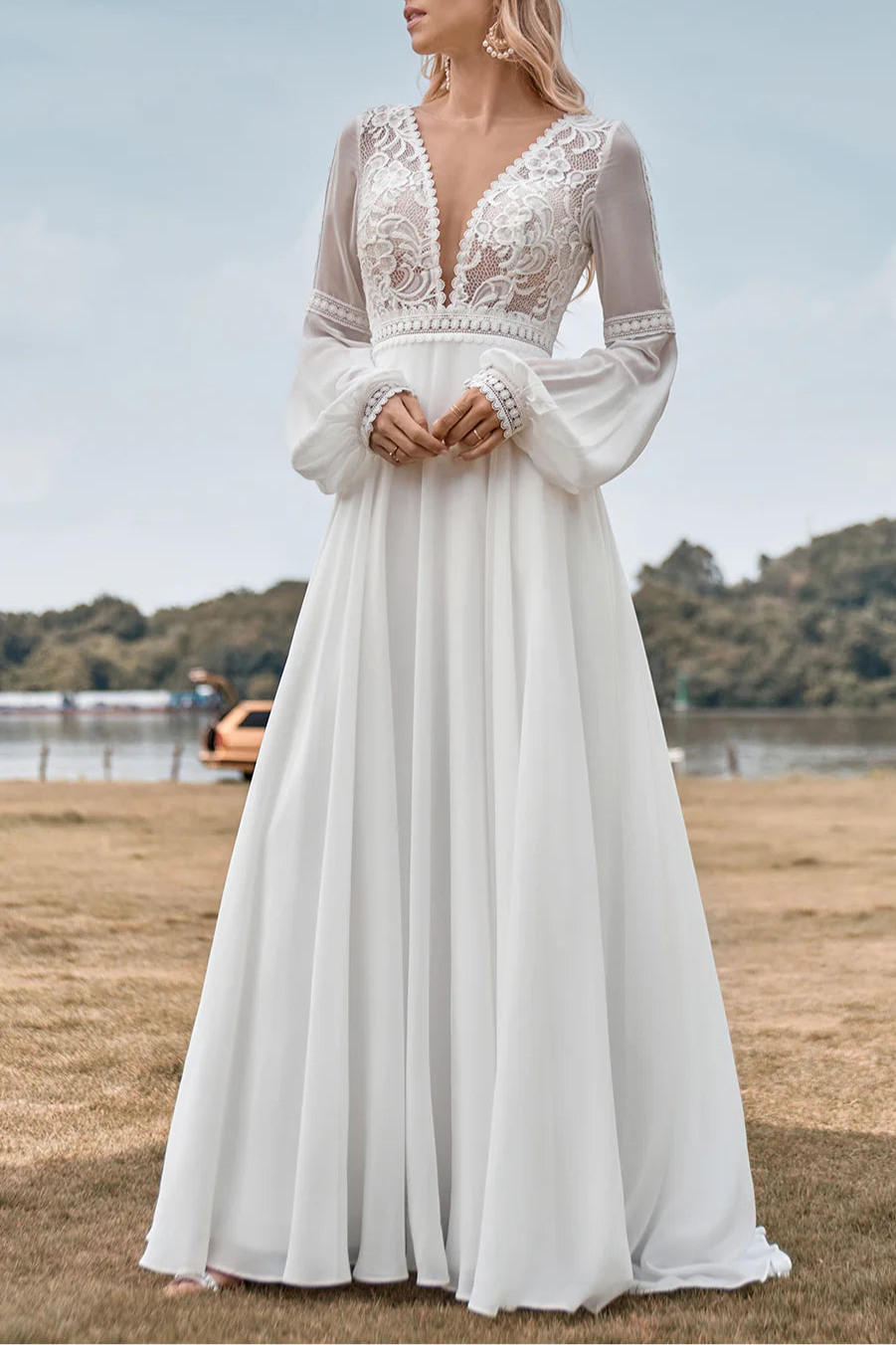 Boho Ivory Lace Tulle Deep V Neck A Line Floor Length Sleeves Wedding Dress