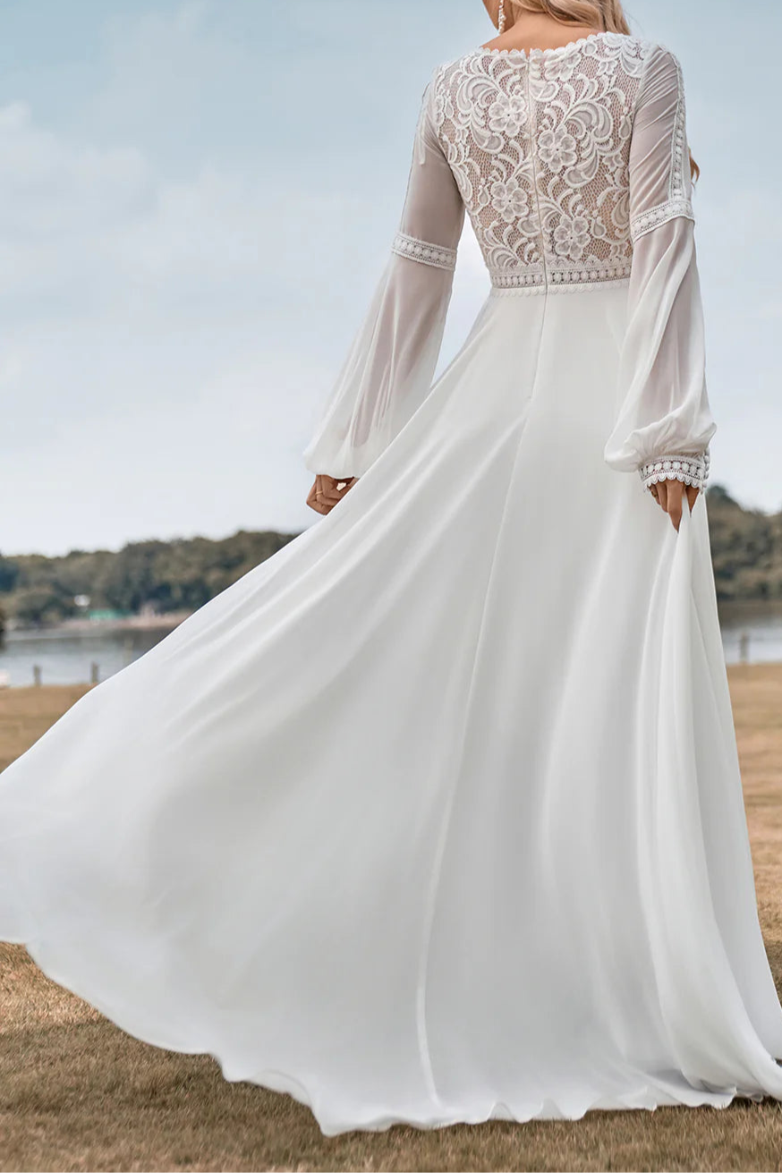Boho Ivory Lace Tulle Deep V Neck A Line Floor Length Sleeves Wedding Dress