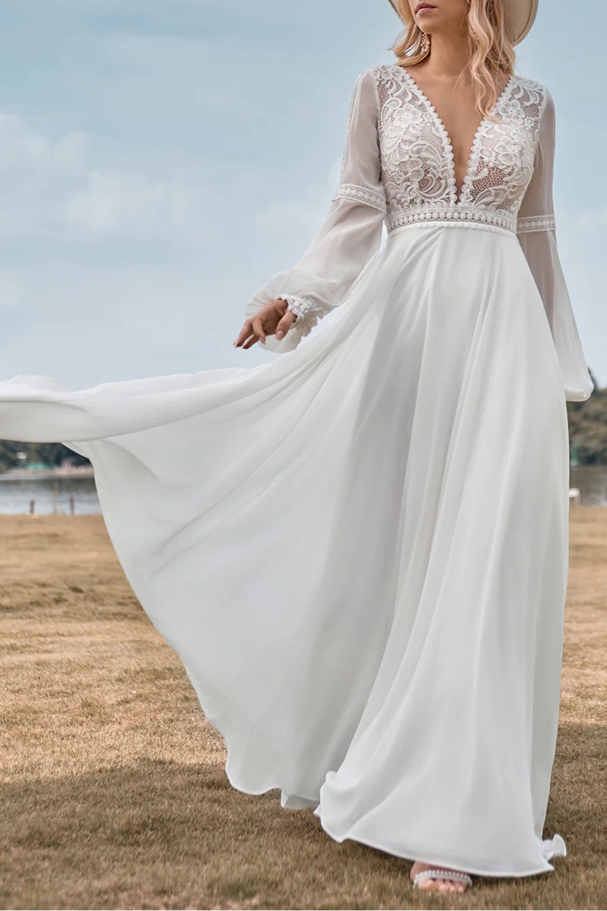 Boho Ivory Lace Tulle Deep V Neck A Line Floor Length Sleeves Wedding Dress