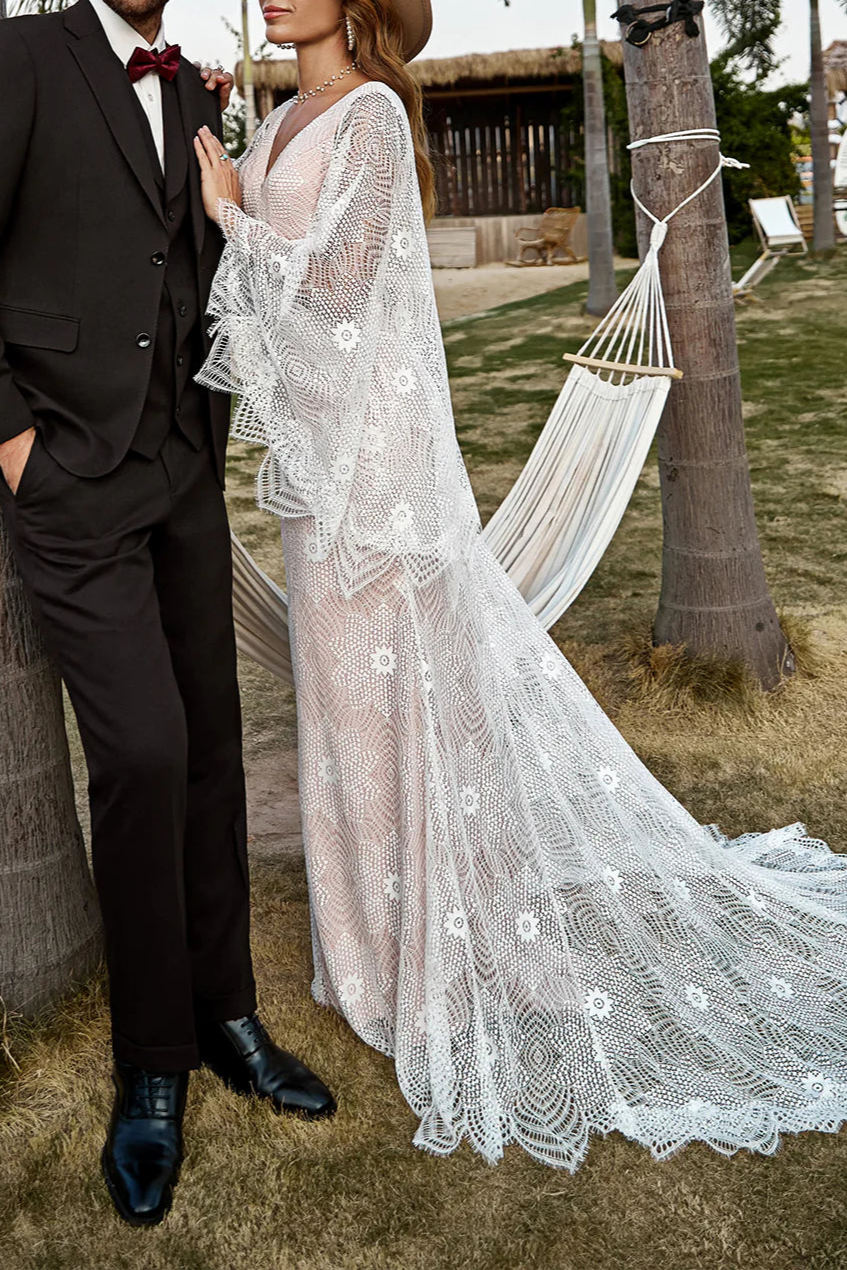 Boho Ivory and Champagne Lace V Neck Wedding Dress With Cape And Train