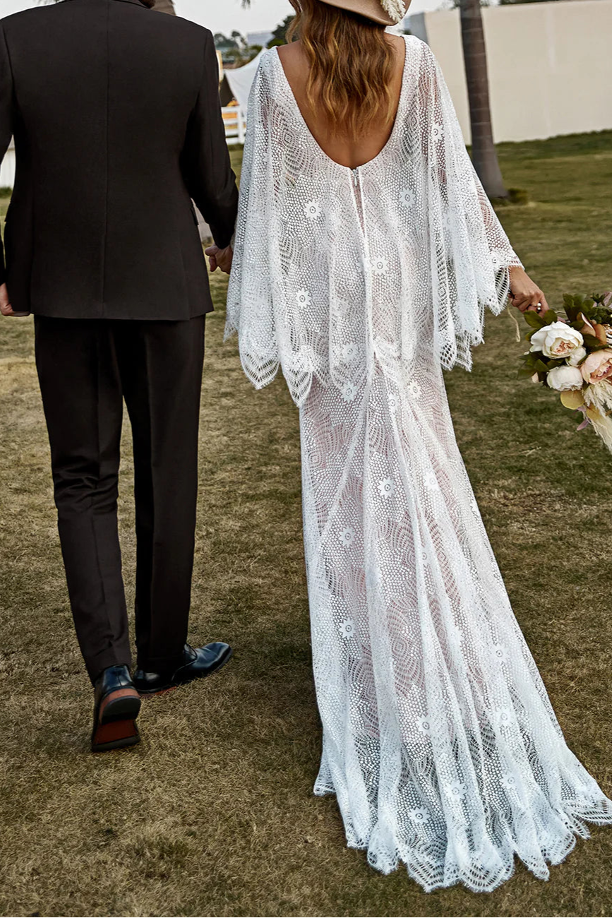 Boho Ivory and Champagne Lace V Neck Wedding Dress With Cape And Train