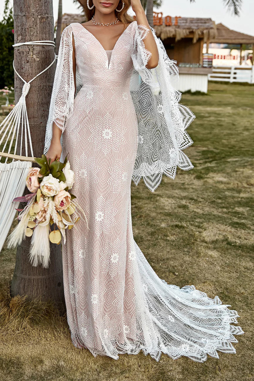 Boho Ivory and Champagne Lace V Neck Wedding Dress With Cape And Train