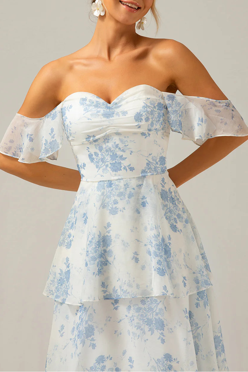 Boho White Blue Floral Chiffon Sweetheart Collar Ruffle Tiered Floor Length Bridesmaid Dress