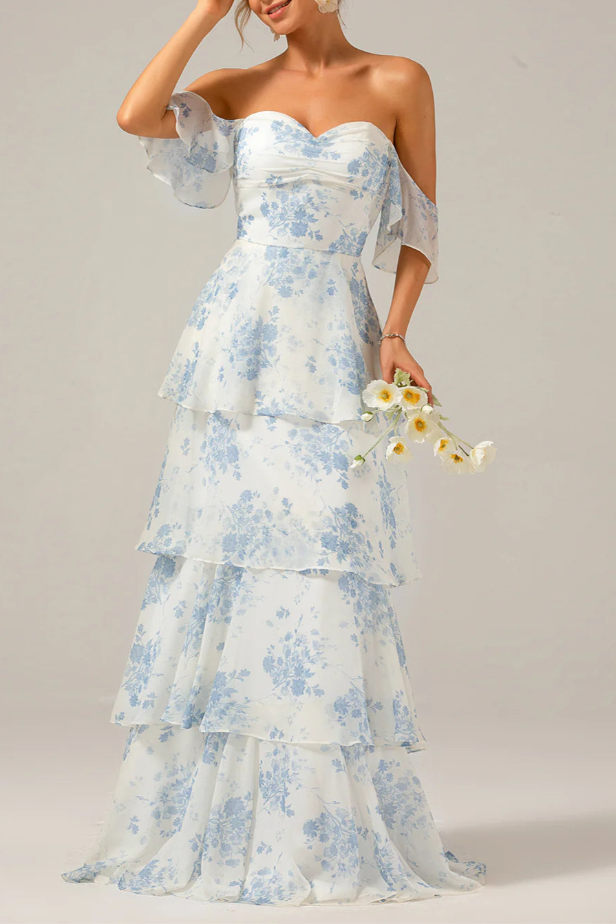 Boho White Blue Floral Chiffon Sweetheart Collar Ruffle Tiered Floor Length Bridesmaid Dress