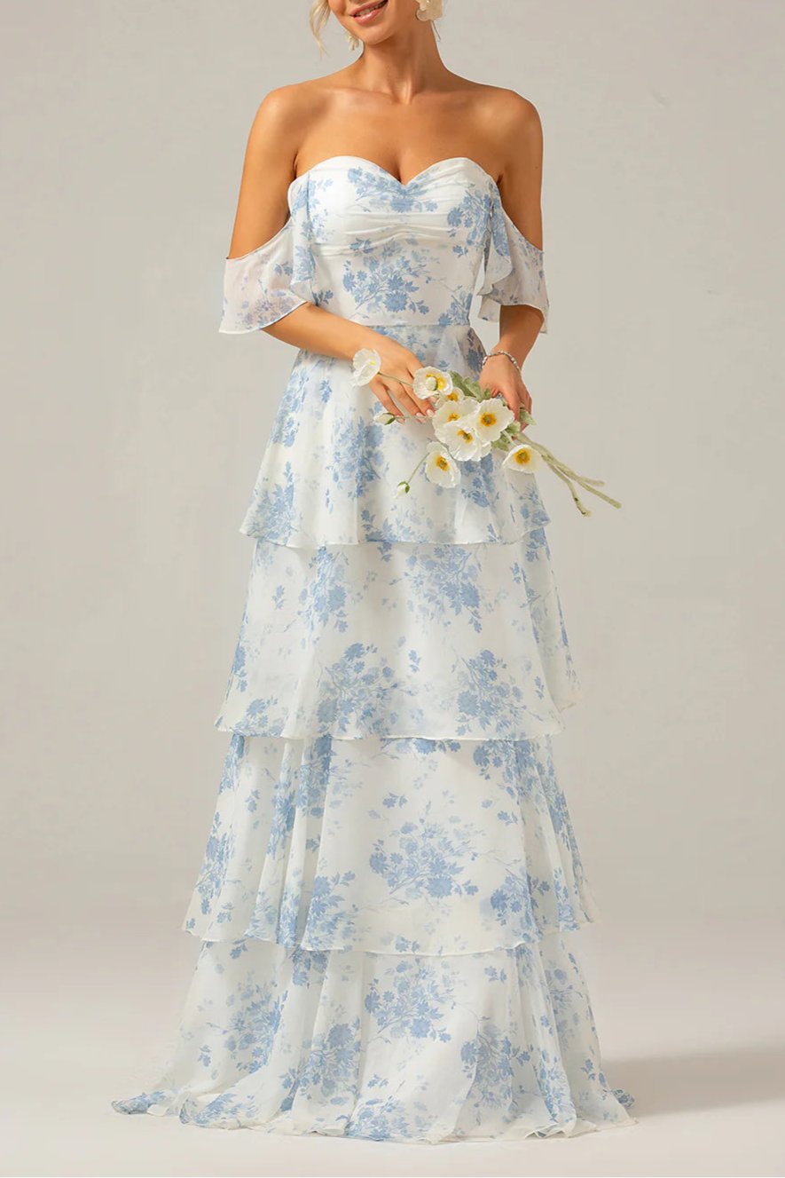 Boho White Blue Floral Chiffon Sweetheart Collar Ruffle Tiered Floor Length Bridesmaid Dress