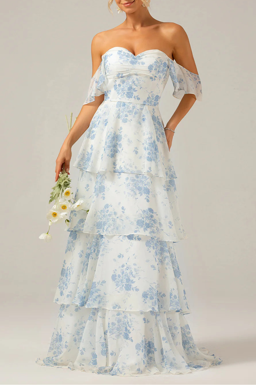 Boho White Blue Floral Chiffon Sweetheart Collar Ruffle Tiered Floor Length Bridesmaid Dress