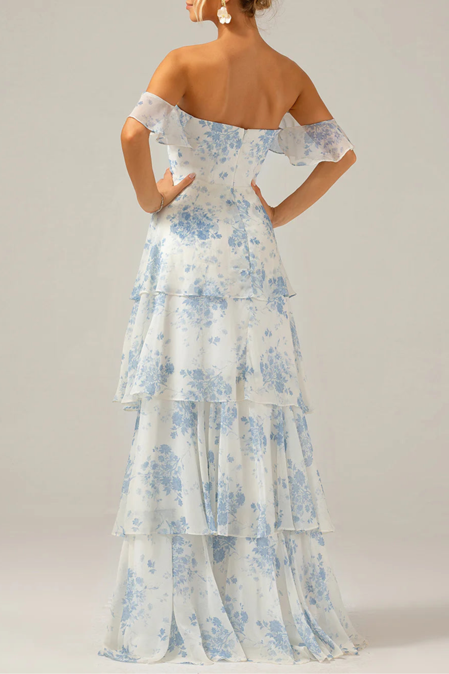 Boho White Blue Floral Chiffon Sweetheart Collar Ruffle Tiered Floor Length Bridesmaid Dress