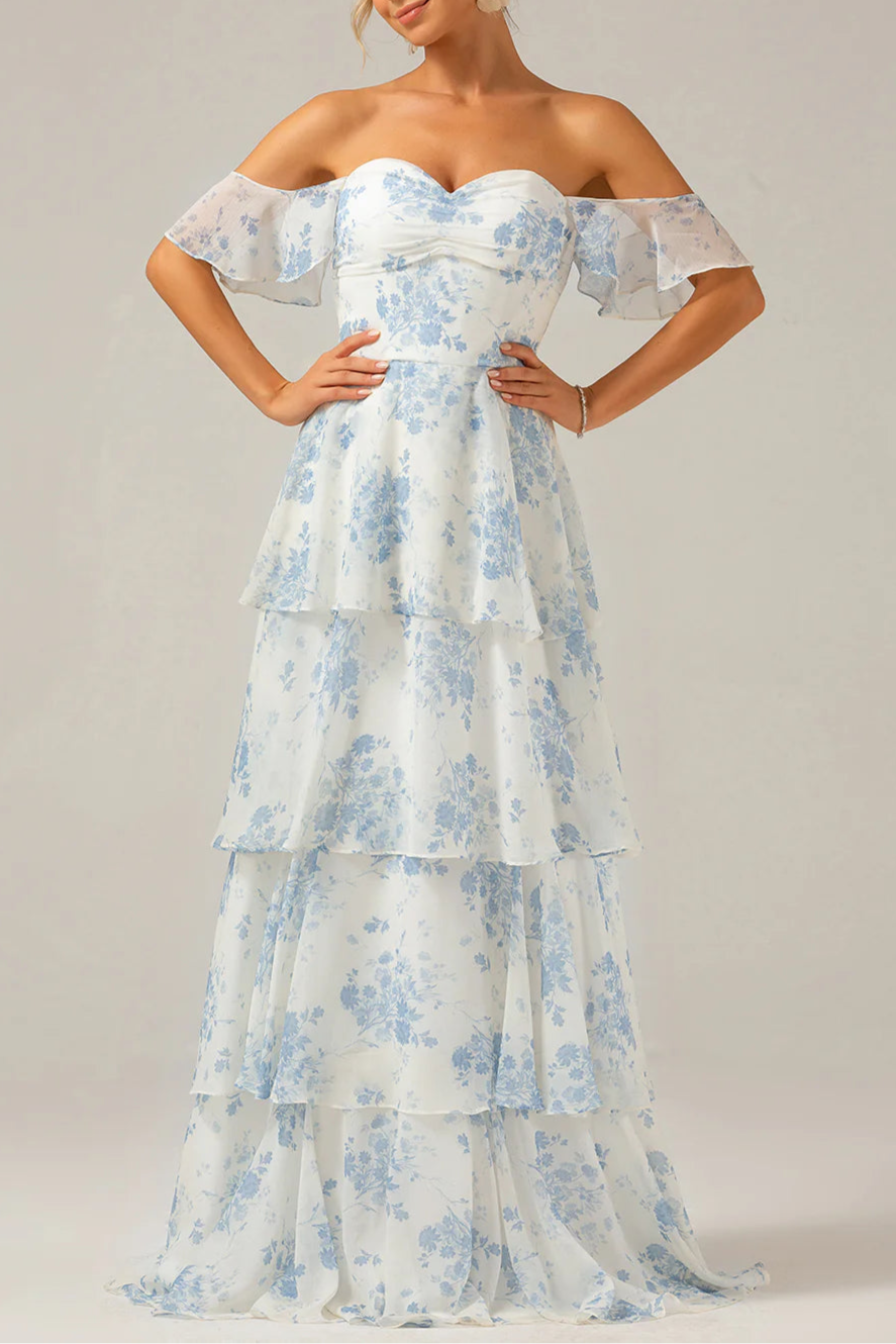 Boho White Blue Floral Chiffon Sweetheart Collar Ruffle Tiered Floor Length Bridesmaid Dress