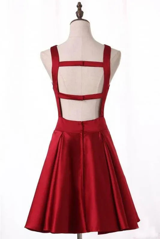 Bold A-Line V-Neck Open Back Satin Red Short Homecoming Dress With Keyhole