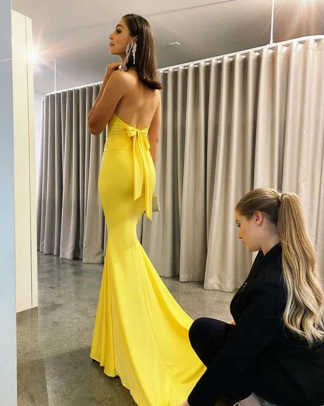 Bold Mermaid Halter V-Neck Bow Open Back Yellow Prom Dress With Train