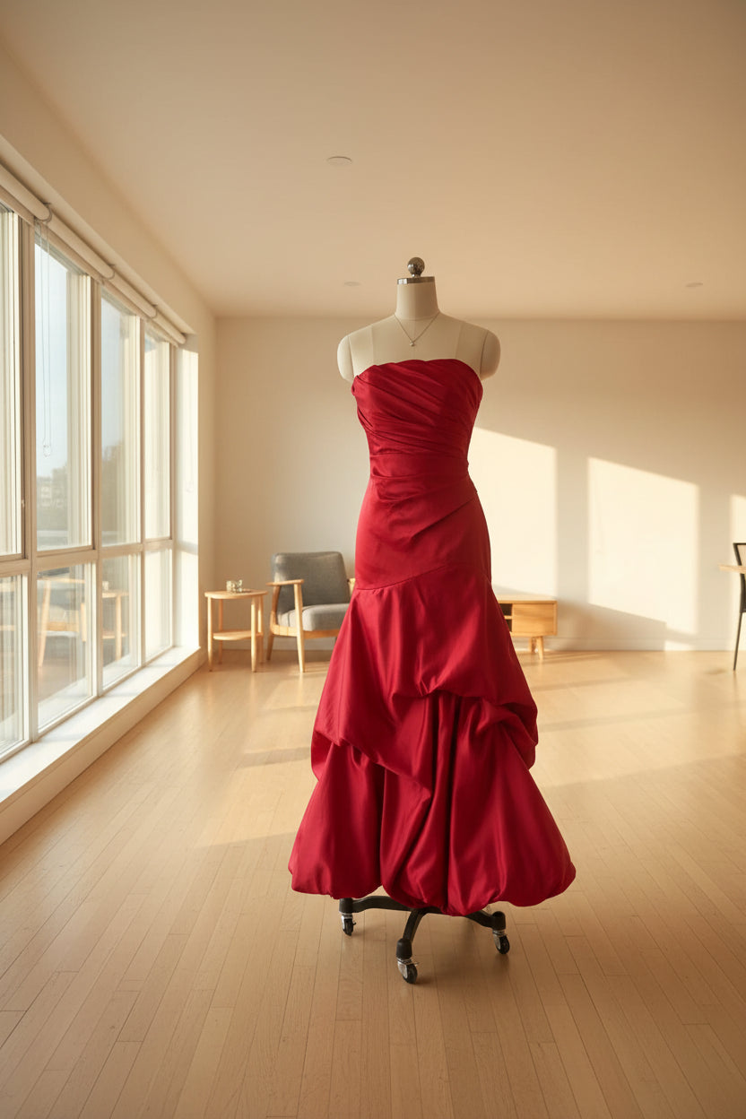 Bold Mermaid Strapless Ruched Satin Red Floor-Length Prom Dress With Bubble Hem