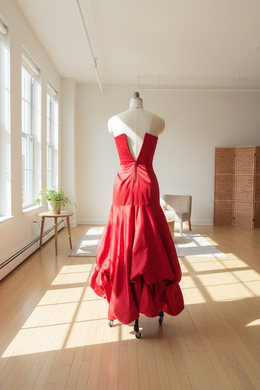 Bold Mermaid Strapless Ruched Satin Red Floor-Length Prom Dress With Bubble Hem