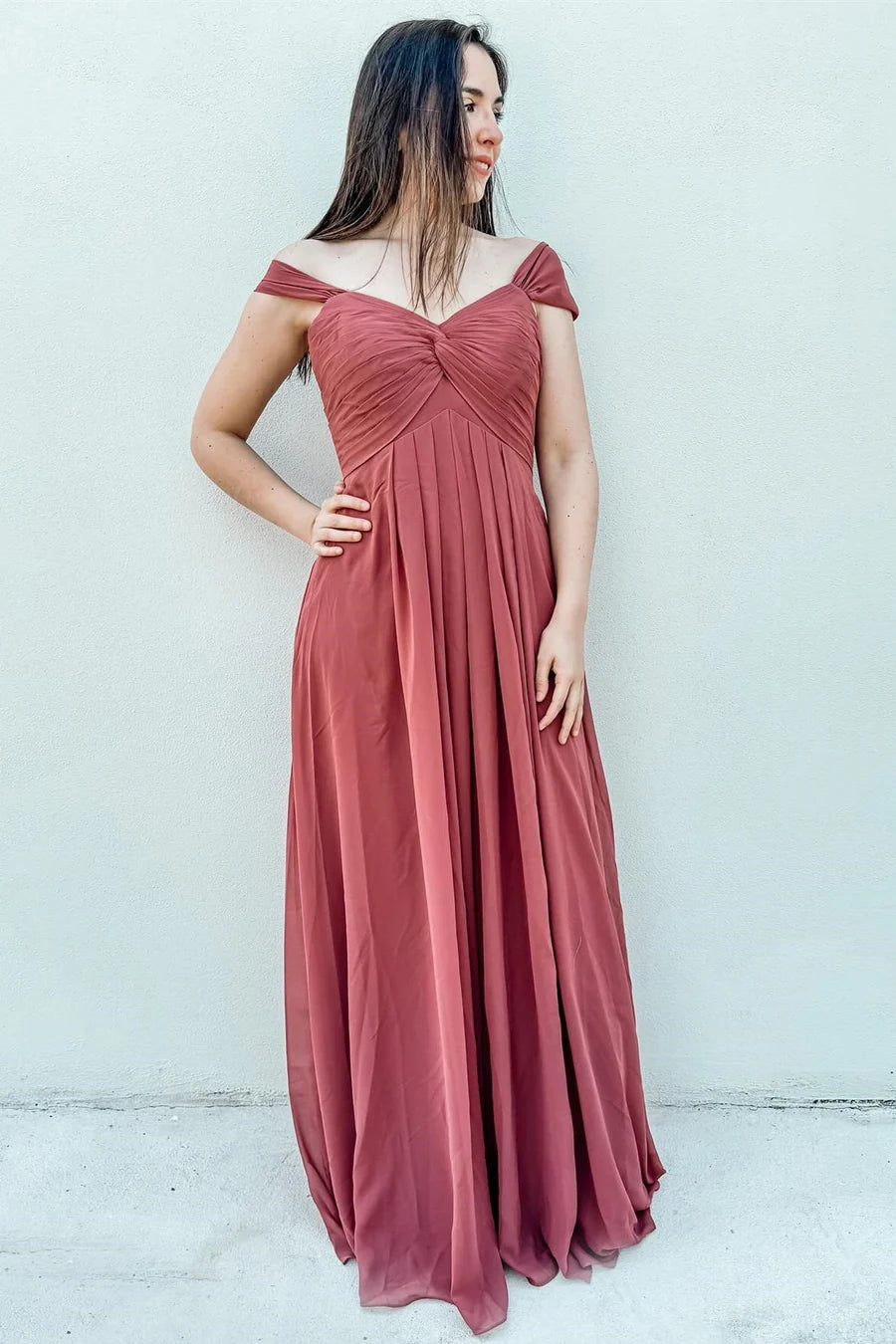 Bridesmaid Chiffon Twist-Front Off Shoulder Long Bridesmaid Dresses in Sage