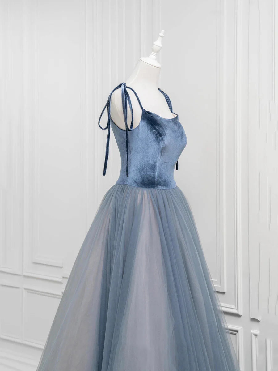 Budget A-Line Gray Blue Velvet Tulle Long Prom Dress Spaghetti Strap Floor Length Evening Party Dress