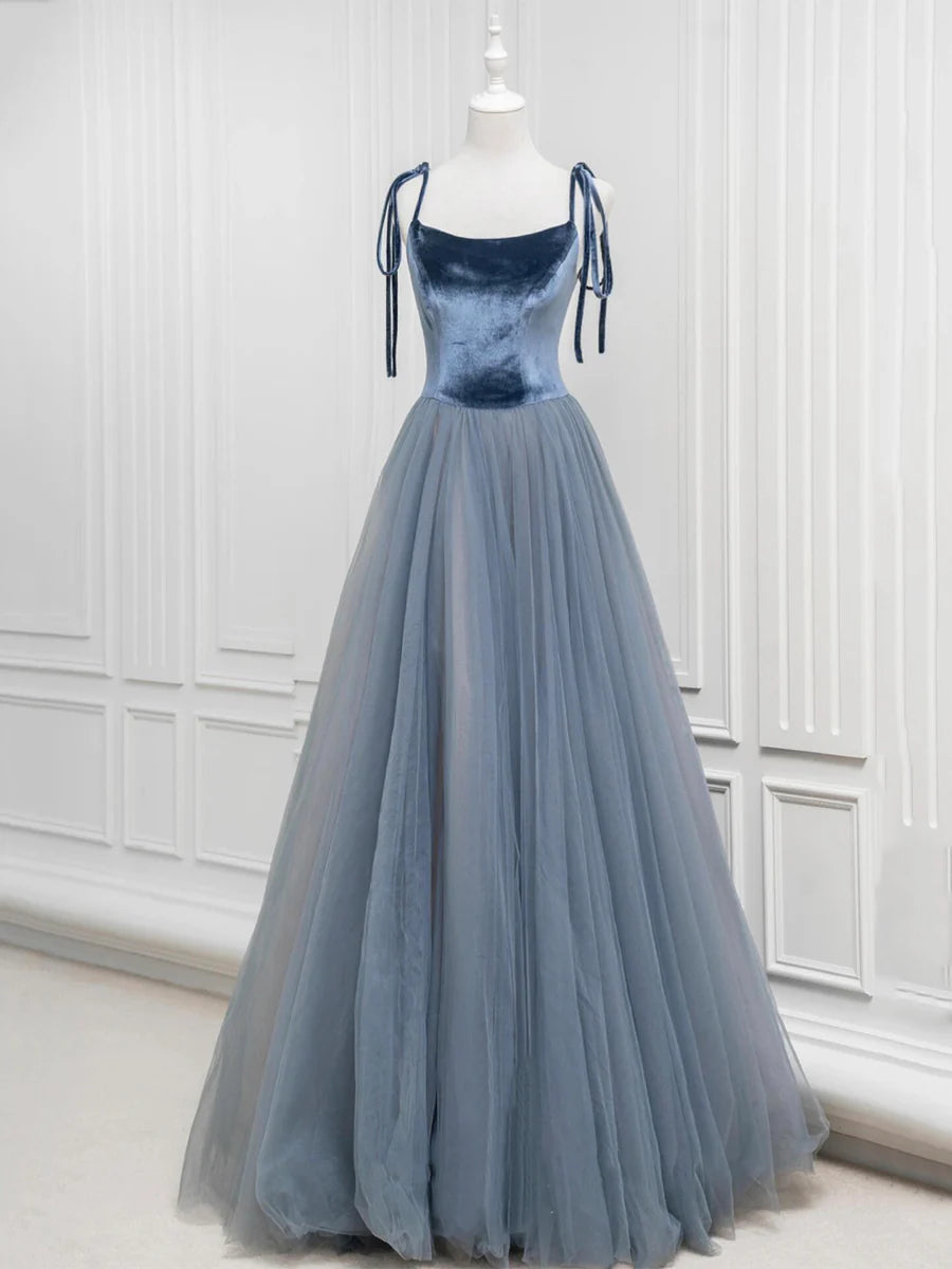 Budget A-Line Gray Blue Velvet Tulle Long Prom Dress Spaghetti Strap Floor Length Evening Party Dress