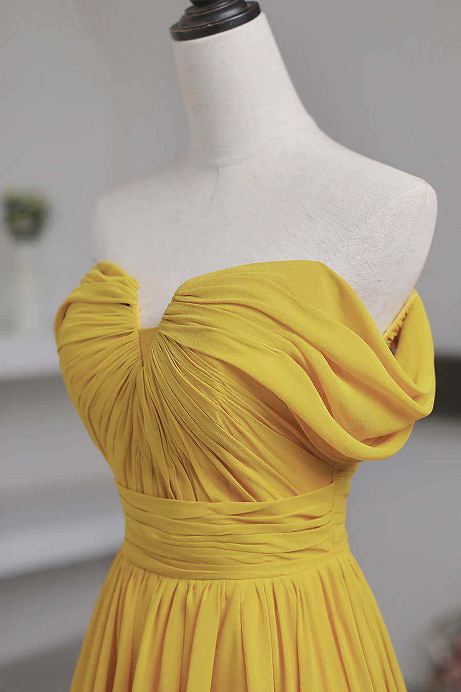 Budget A-Line Off the Shoulder Pleated Chiffon Yellow Long Prom Dress With Slit