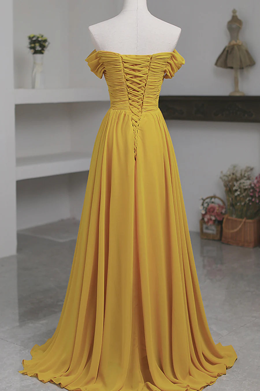 Budget A-Line Off the Shoulder Pleated Chiffon Yellow Long Prom Dress With Slit