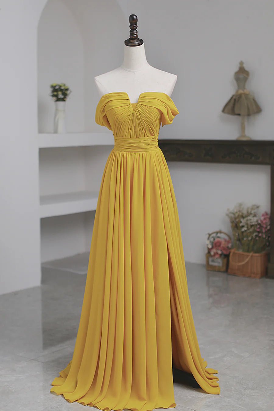 Budget A-Line Off the Shoulder Pleated Chiffon Yellow Long Prom Dress With Slit
