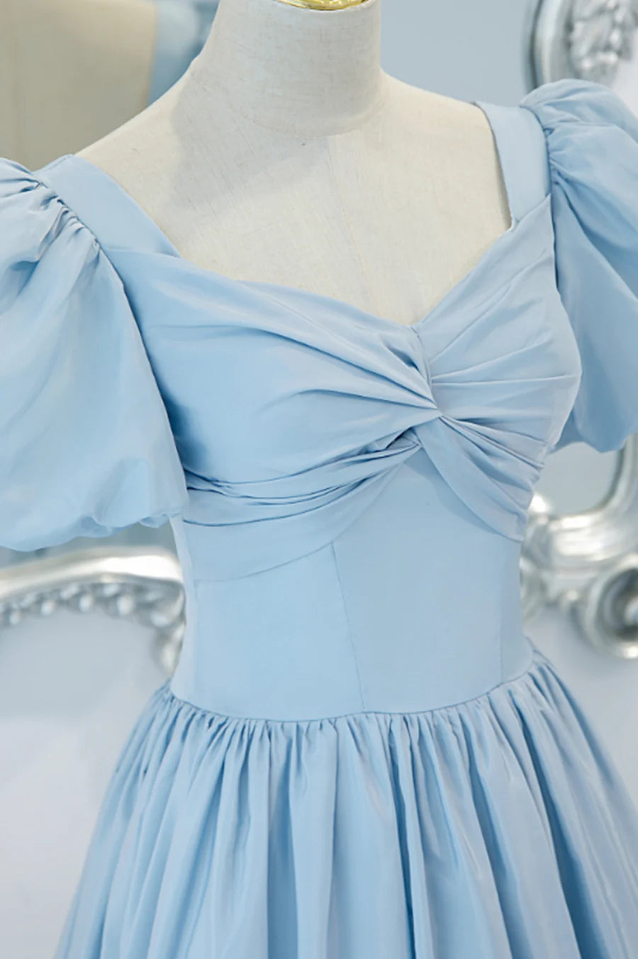 Budget A-Line Short Sleeves Tiered Pleated Satin Blue Long Prom Dress